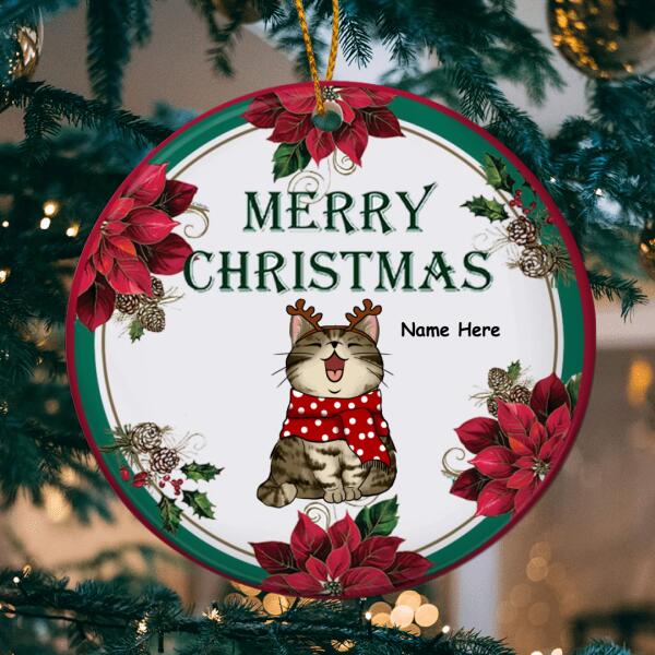 Merry Christmas - Red Flowers Around - Personalized Cat Christmas Ornament