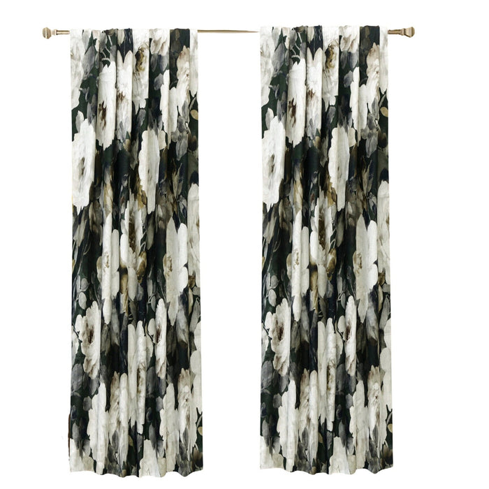 Midnight Roses Green, Brown Printed Cotton Curtain Panels