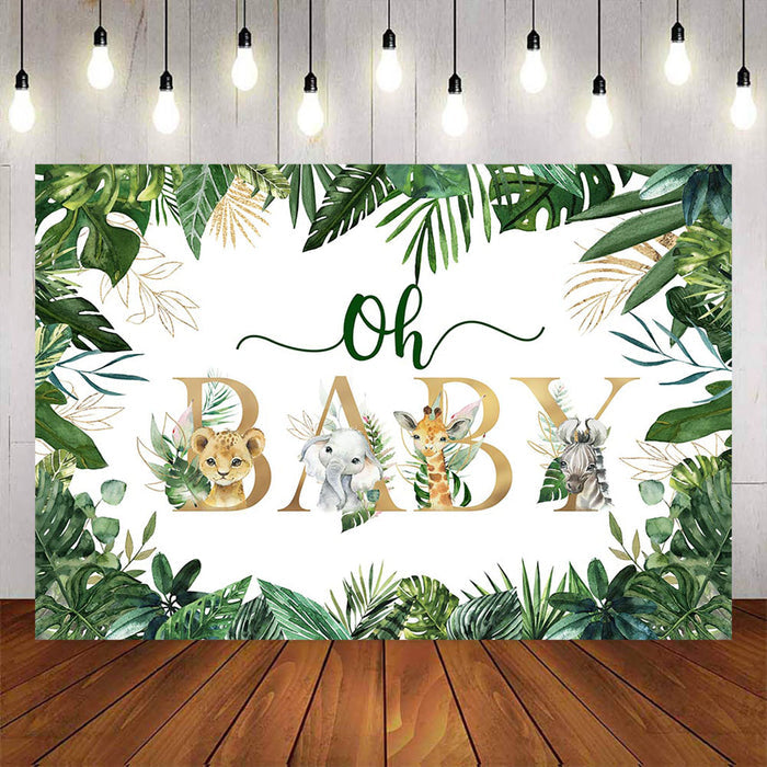 Mocsicka Wild Animals and Plam Leaves Oh Baby Shower Backdrop