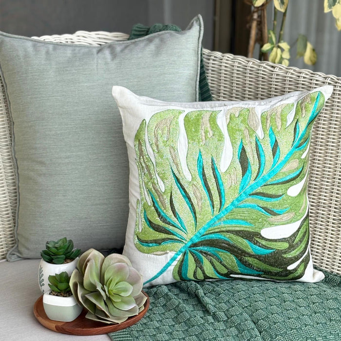 Monstera Leaf - Green Linen Decorative Euro Sham