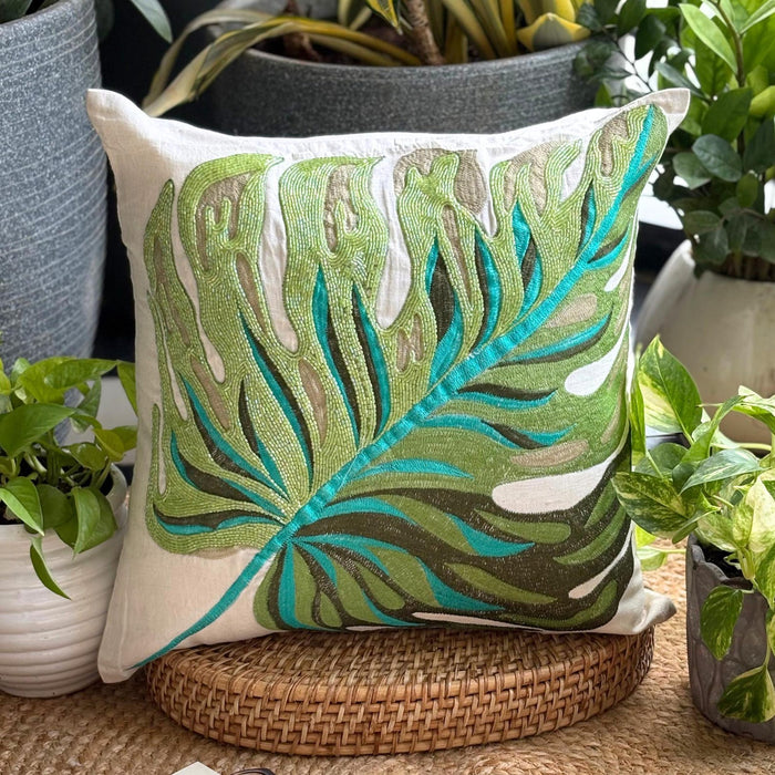 Monstera Leaf - Green Linen Decorative Euro Sham