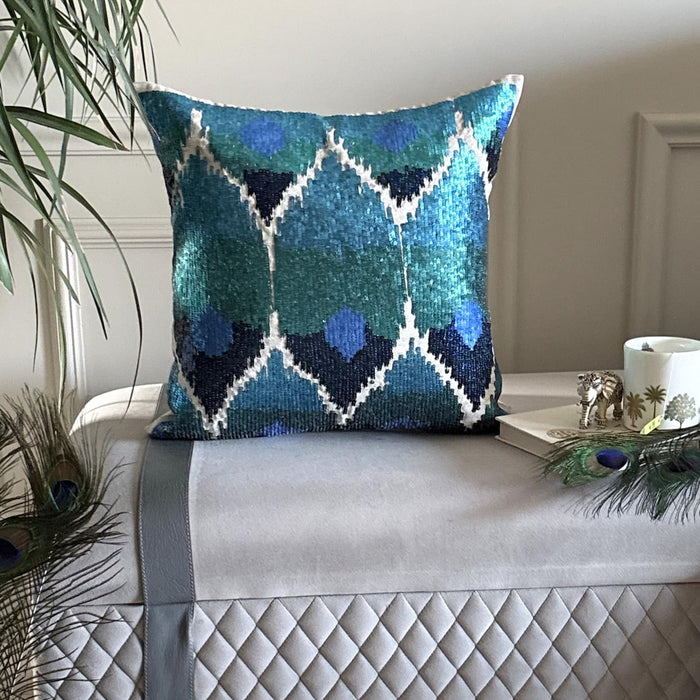 Mora - Blue Silk Throw Pillow Cover