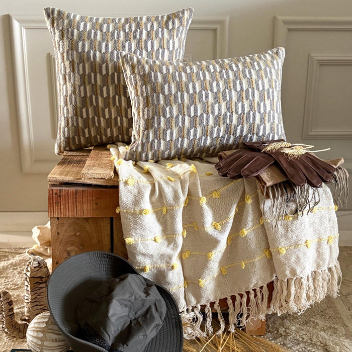 Mustard & Gray Jacquard Throw Pillow Cover - Hexa Terrain