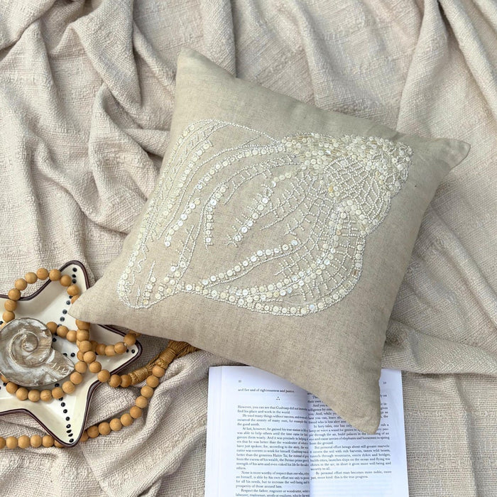 Natural Beige Cotton Linen Throw Pillow Cover - Sea Shell