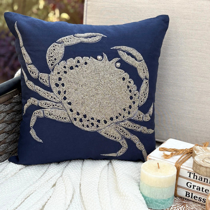 Navy Blue Cotton Linen Throw Pillow Cover - Crab At The Shore