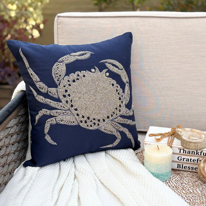 Navy Blue Cotton Linen Throw Pillow Cover - Crab At The Shore