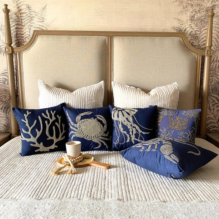 Navy Blue Cotton Linen Throw Pillow Cover - Crab At The Shore