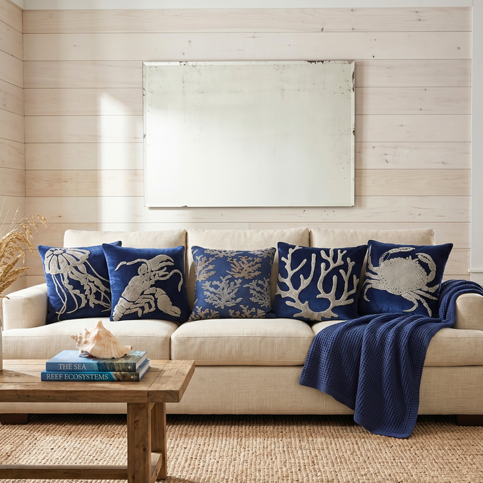 Navy Blue Cotton Linen Throw Pillow Cover - Crab At The Shore