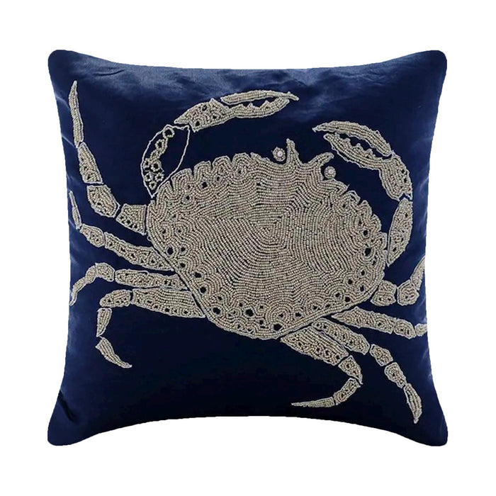 Navy Blue Cotton Linen Throw Pillow Cover - Crab At The Shore