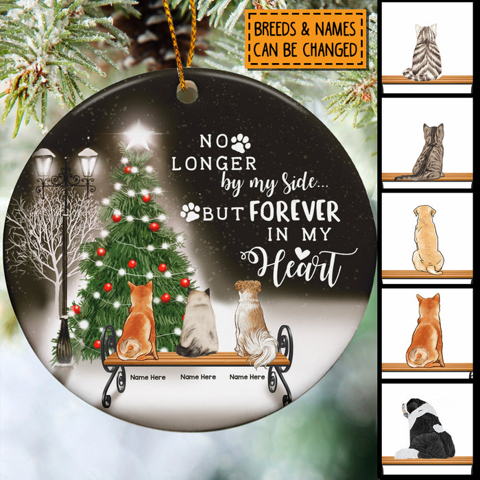 No Longer By Side But Forever In My Heart Circle Ceramic Ornament - Personalized Cat & Dog Decorative Christmas Ornament