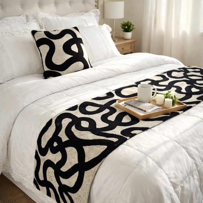 Noir Scroll - Cut Velvet Black Decorative Bed Runner and Pillow Cover