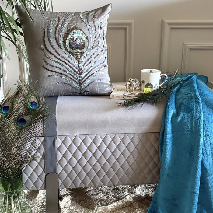 Peacock Feather - Silver Art Silk Throw Pillow Cover