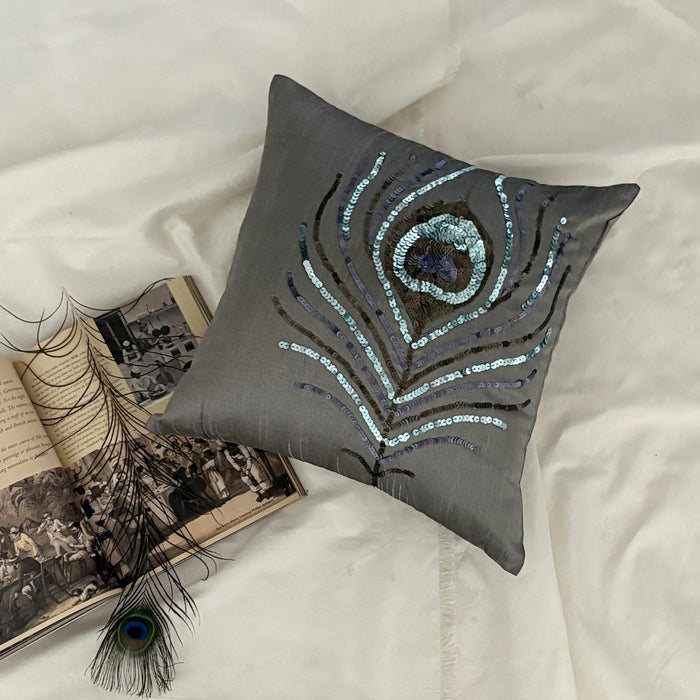 Peacock Feather - Silver Art Silk Throw Pillow Cover