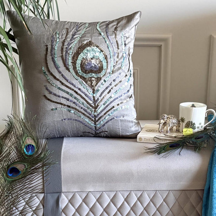 Peacock Feather - Silver Art Silk Throw Pillow Cover