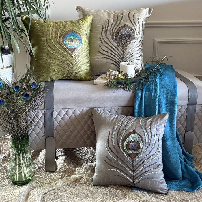 Peacock Feather - Silver Art Silk Throw Pillow Cover