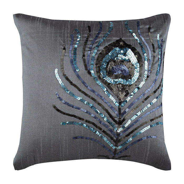 Peacock Feather - Silver Art Silk Throw Pillow Cover