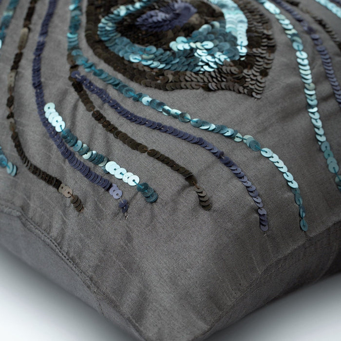Peacock Feather - Silver Art Silk Throw Pillow Cover
