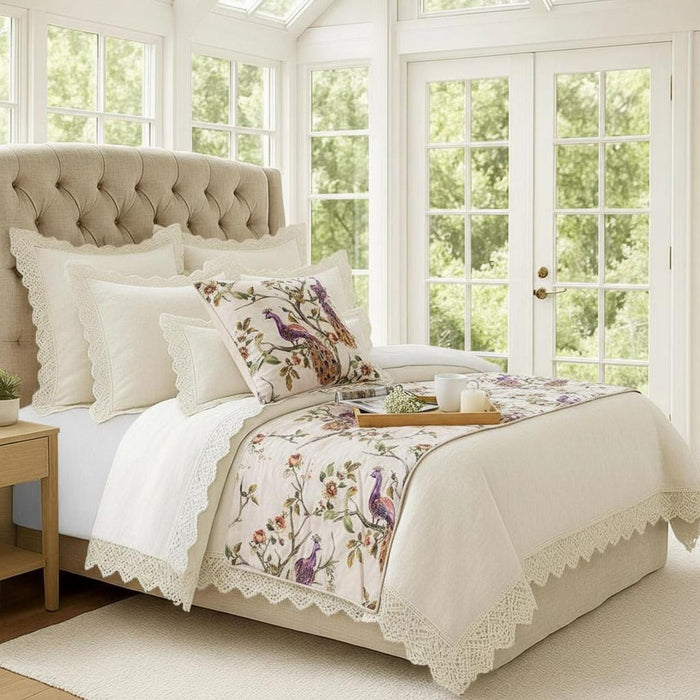 Peacock Queen - Cotton Printed with Beads Ivory & Multicolor Decorative Bed Runner and Pillow Cover