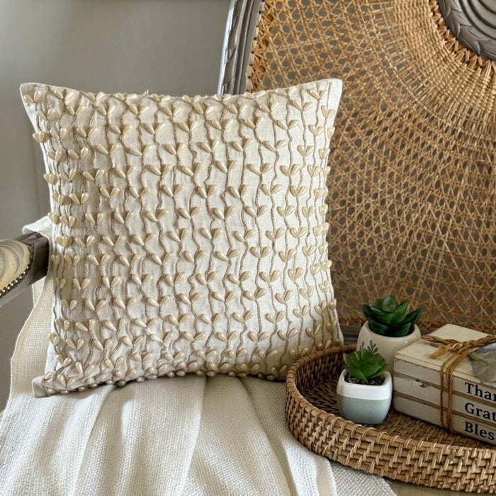Pearl Drops Ivy - Natural Beige Cotton Linen Throw Pillow Cover