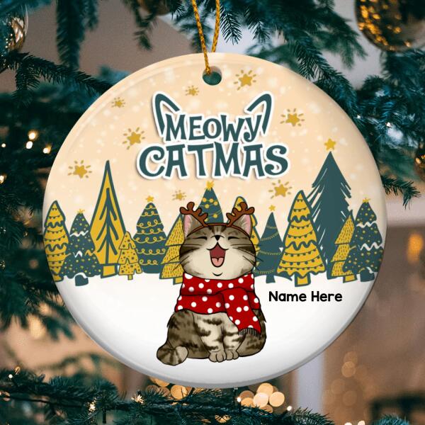 Personalised Meowy Catmas Beige Yellow Circle Ceramic Ornament - Personalized Cat Lovers Decorative Christmas Ornament