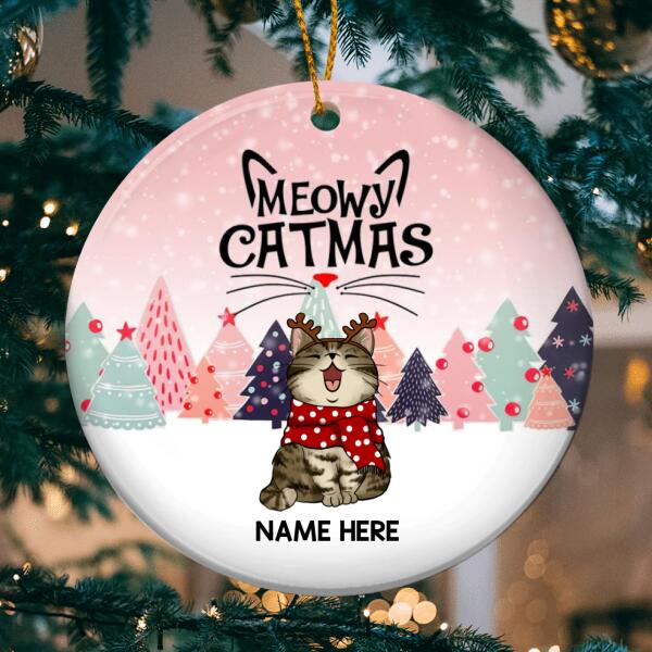 Personalised Meowy Catmas Pinktone Circle Ceramic Ornament - Personalized Cat Lovers Decorative Christmas Ornament