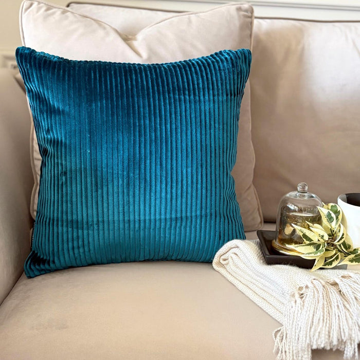 Petrol Blue Velvet Throw Pillow Cover - Petrol Blue Lines