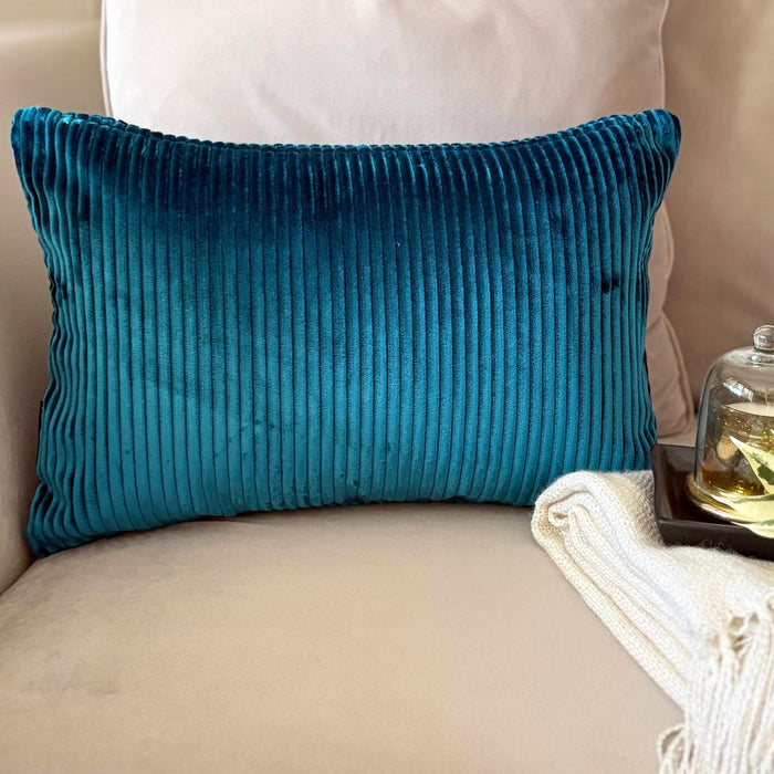 Petrol Blue Velvet Throw Pillow Cover - Petrol Blue Lines