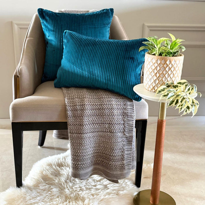 Petrol Blue Velvet Throw Pillow Cover - Petrol Blue Lines