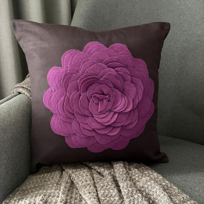 Pink Rose - Brown Faux Suede Decorative Euro Sham