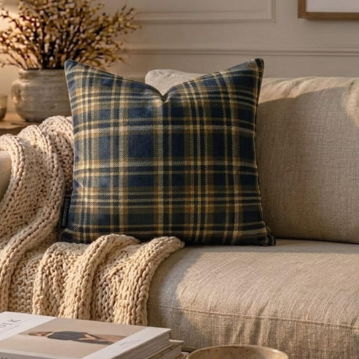 Plaidscape Navy - Navy Blue Velvet Winter Plaid  Throw Pillow Cover