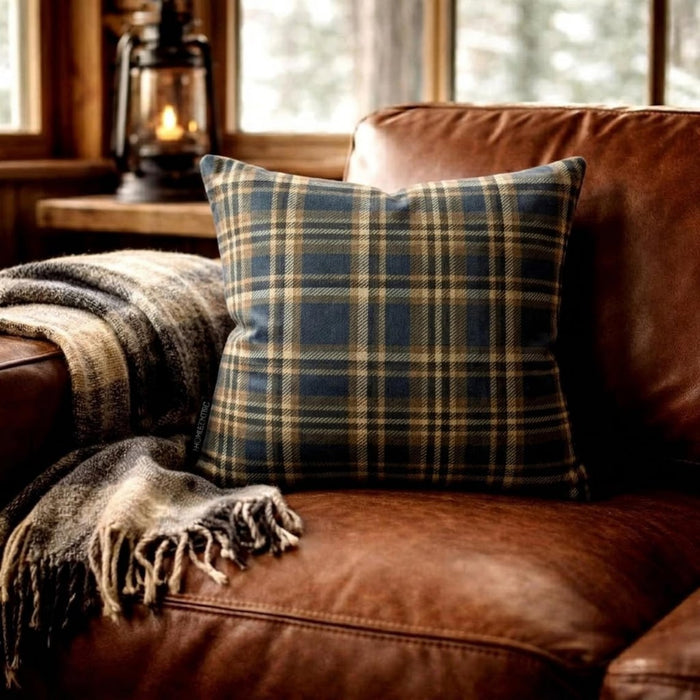 Plaidscape Navy - Navy Blue Velvet Winter Plaid  Throw Pillow Cover
