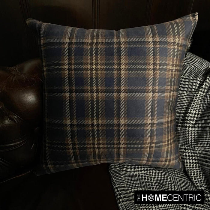 Plaidscape Navy - Navy Blue Velvet Winter Plaid  Throw Pillow Cover