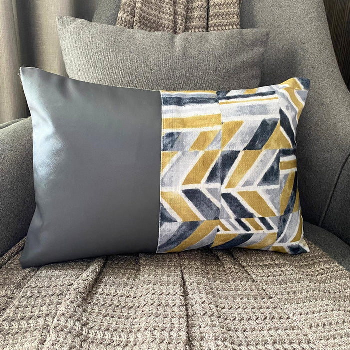 Playful Patch - Chartreuse Green Cotton & Faux Leather Lumbar Pillow Cover