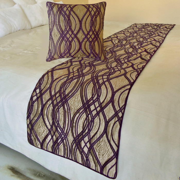 Plum Swirls - Jacquard Plum Decorative Bed Runner and Pillow Cover