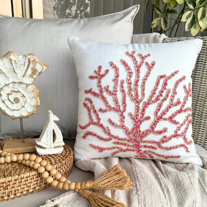 Red Cotton Linen Throw Pillow Cover - Coral Secrets