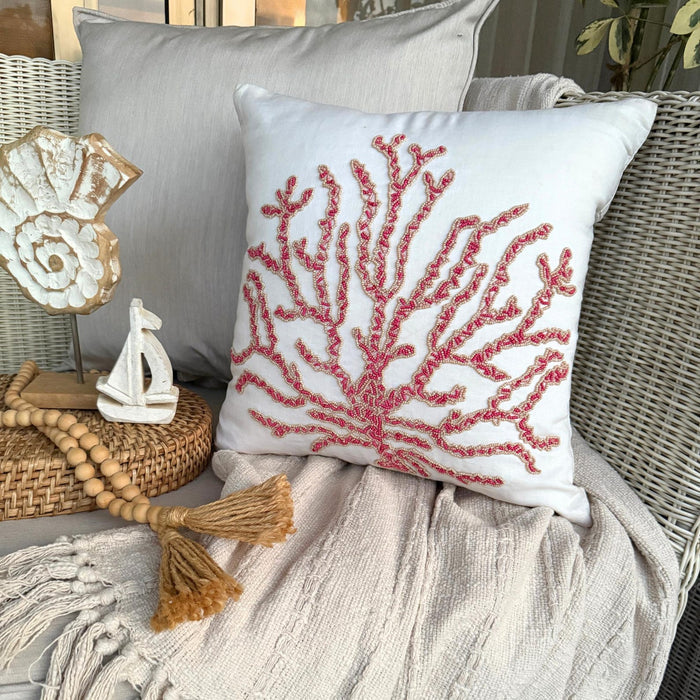 Red Cotton Linen Throw Pillow Cover - Coral Secrets