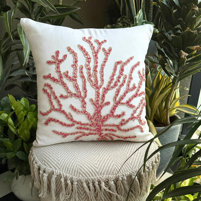 Red Cotton Linen Throw Pillow Cover - Coral Secrets