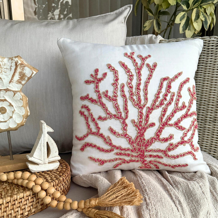 Red Cotton Linen Throw Pillow Cover - Coral Secrets