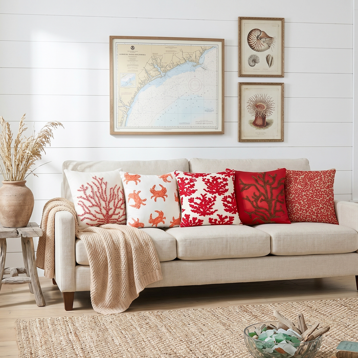 Red Cotton Linen Throw Pillow Cover - Coral Secrets