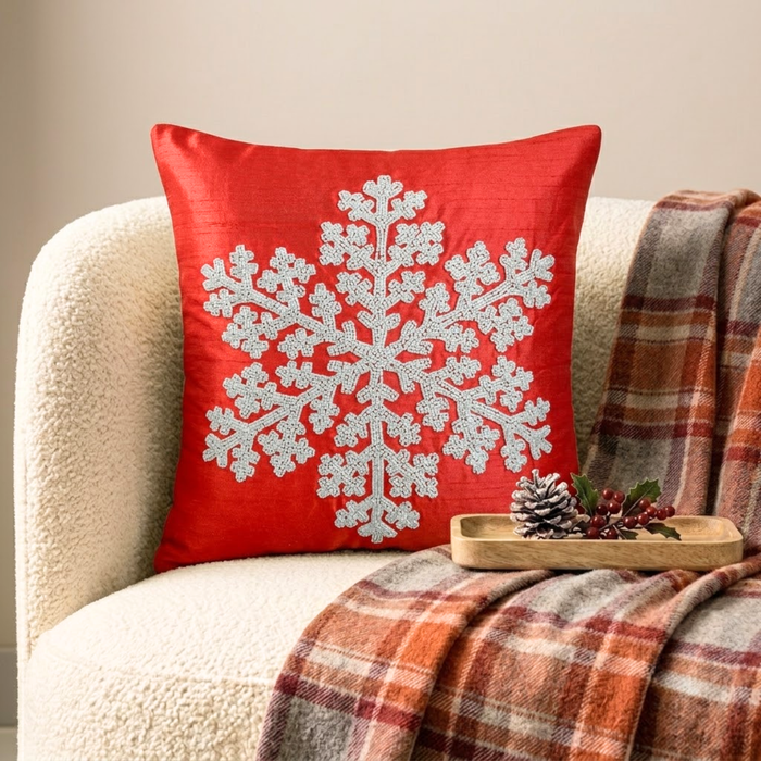 Red Silk Decorative  Throw Pillow Cover - Snowlit Flake