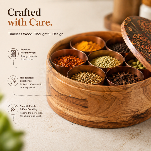 Designer Wooden Masala Danni by Intaryaa - with metal containers