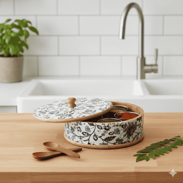 Blue Floral Wooden Spice Box by Intaryaa - top view open