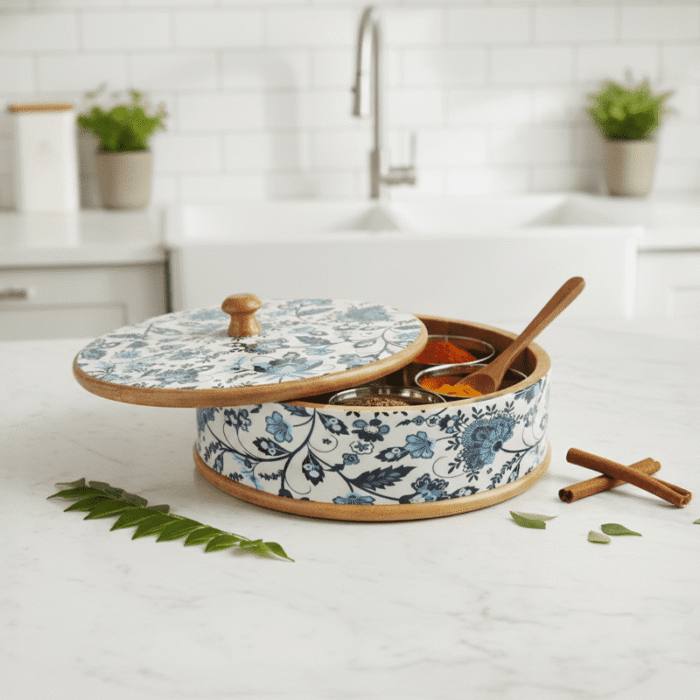 Blue Floral Wooden Spice Box by Intaryaa - close up enamel art