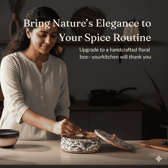 Blue Floral Wooden Spice Box by Intaryaa - with metal jars and spoon