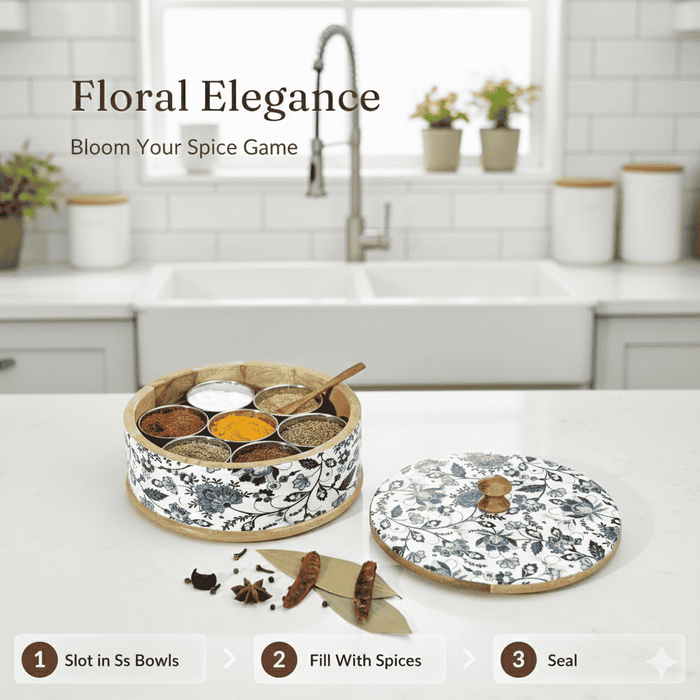 Blue Floral Wooden Spice Box by Intaryaa - styled with spices