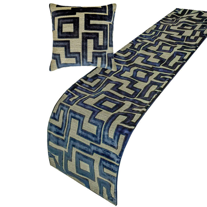 Routed Blue - Velvet Blue Decorative Bed Runner and Pillow Cover