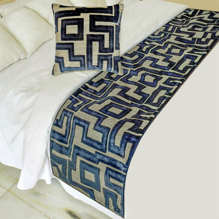 Routed Blue - Velvet Blue Decorative Bed Runner and Pillow Cover