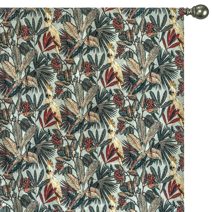 Sea Green, Red Cockatoo Love Cotton Printed Curtain Panels