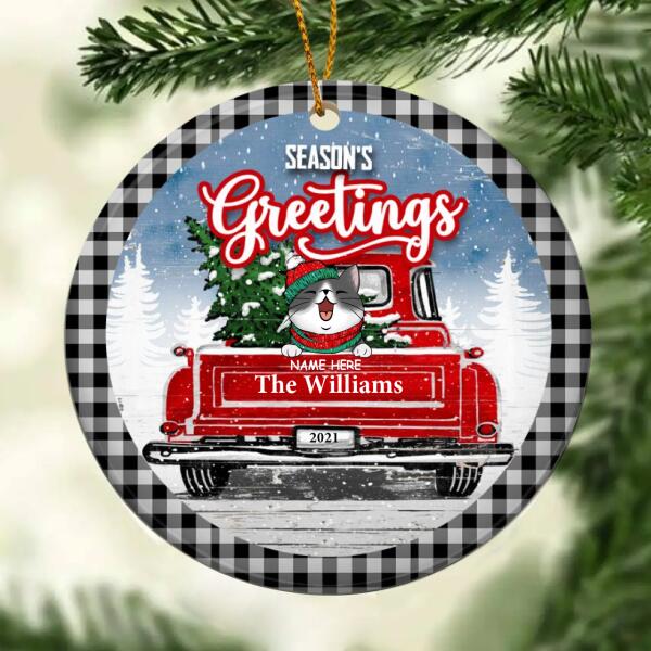 Season's Greeting Black Plaid Around Circle Ceramic Ornament - Personalized Cat Lovers Decorative Christmas Ornament