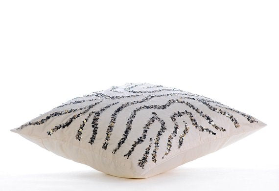 Sequin Whirlpool - White Art Silk Throw Pillow Cover